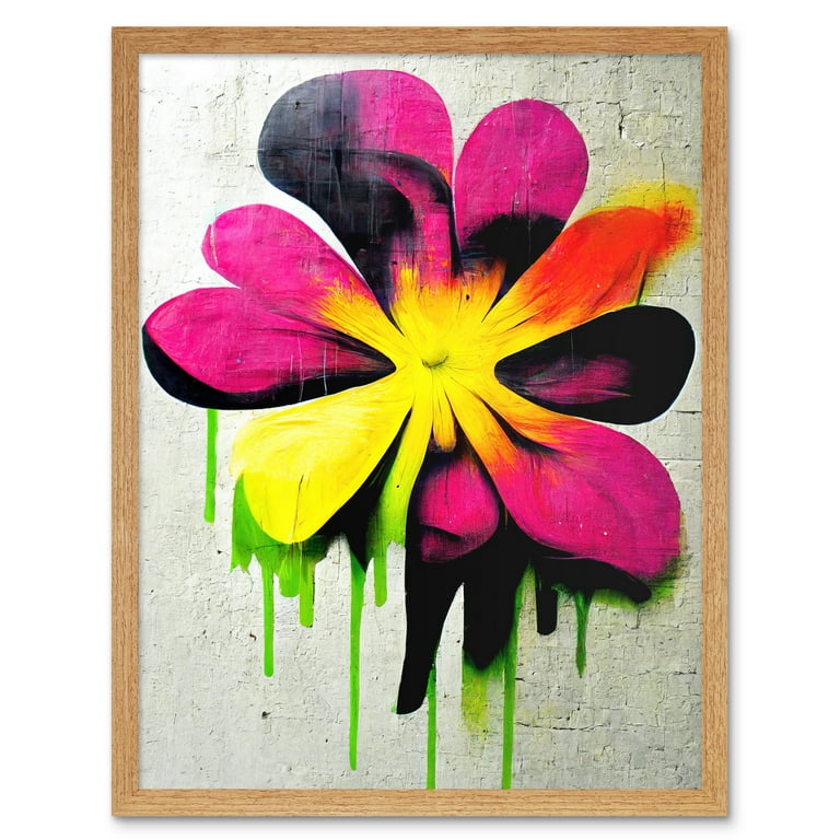 Vibrant Street Art Graffiti Spray Paint Flower on Wall Art Print Framed Poster Wall Decor 12x16 inch, Size: Framed Light Oak 12x16