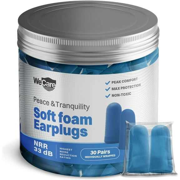 WeCare Individually Wrapped Soft Foam Earplugs - 30 Pairs - 33dB - Comfortable Ear Plugs for Sleeping, Construction