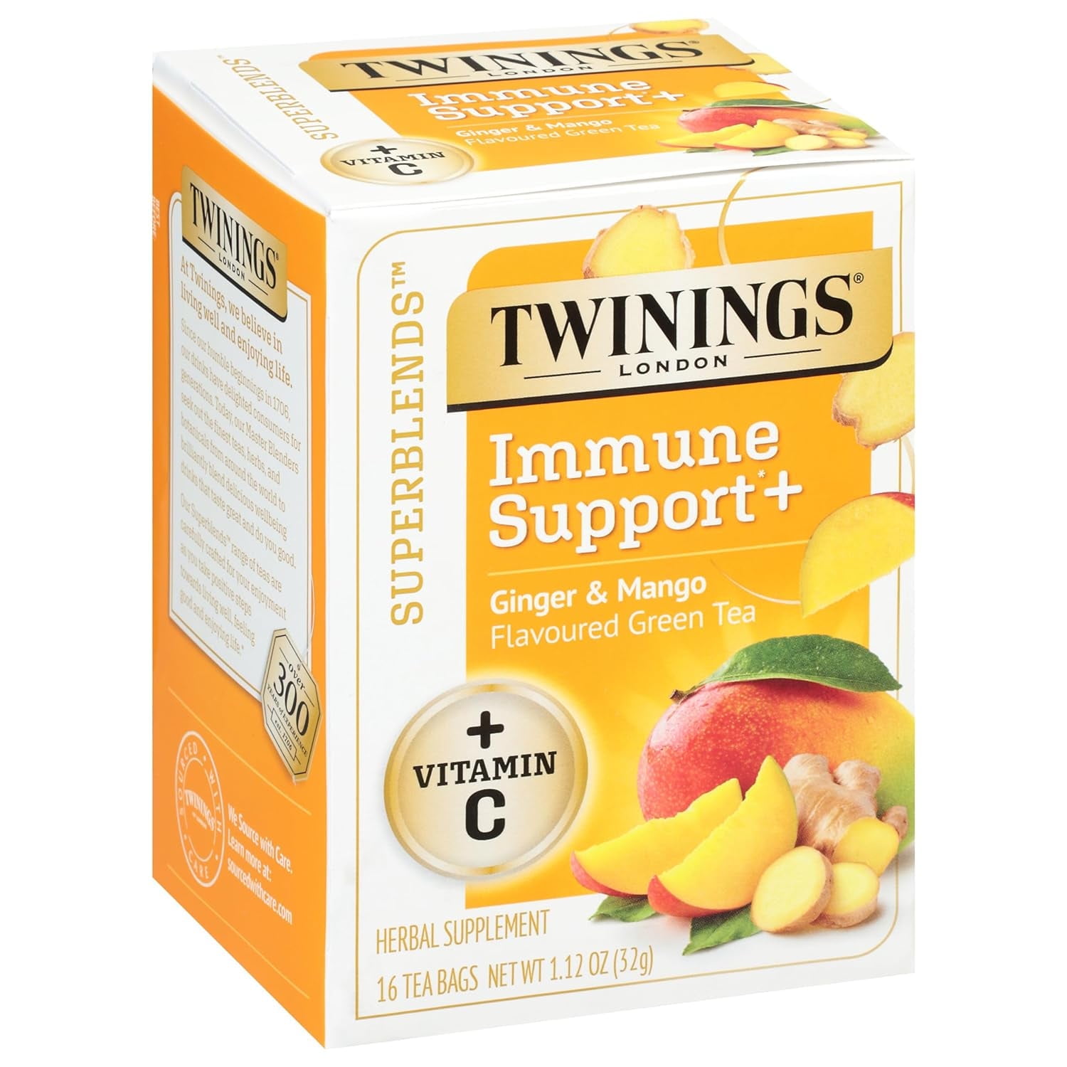 (3 pack) Twinings, Immune Support+ Green Tea, Ginger & Mango, 16 Tea Bags, 1.12 oz (32 g)