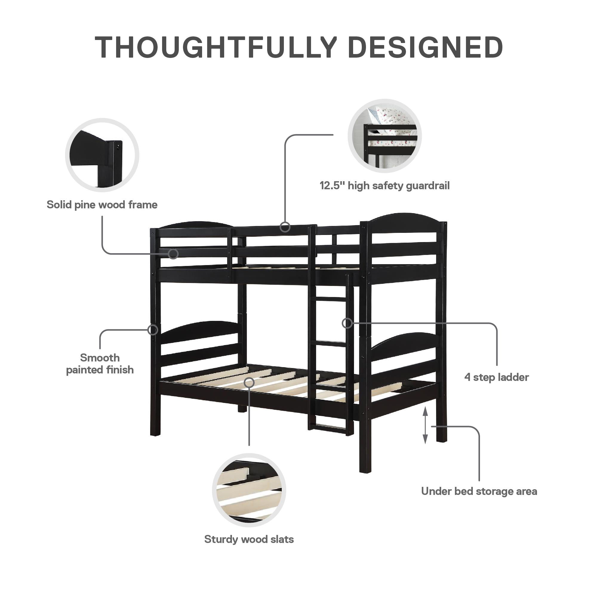 Better Homes & Gardens Leighton Kids Solid Wood Twin-over-Twin Convertible Bunk Bed with Ladder and Guardrails, Black