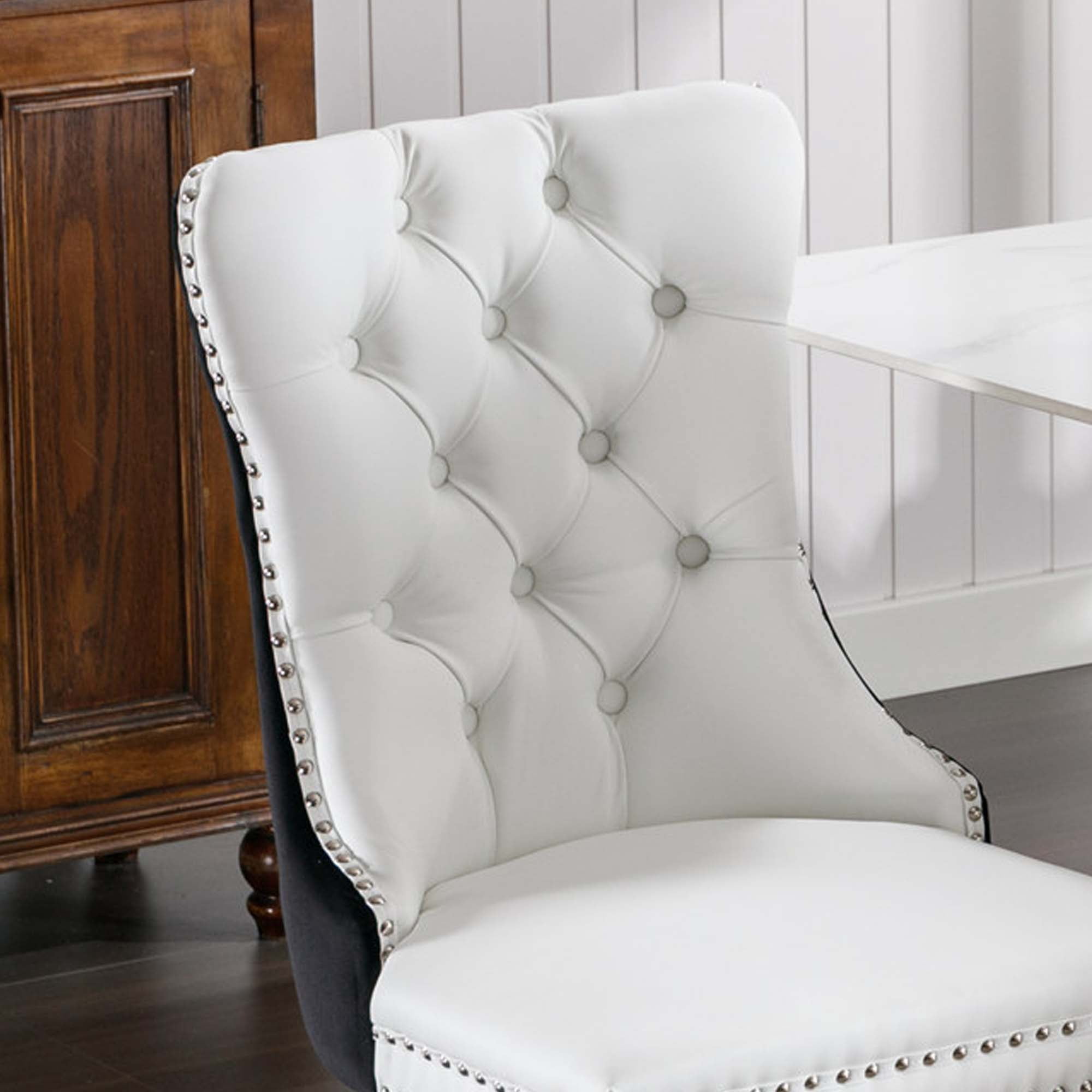 Aukfa High-End Upholstered Dining Chairs Set of 2, Modern Tufted Solid Wood Side Chair with Nailhead Trim - White/Black