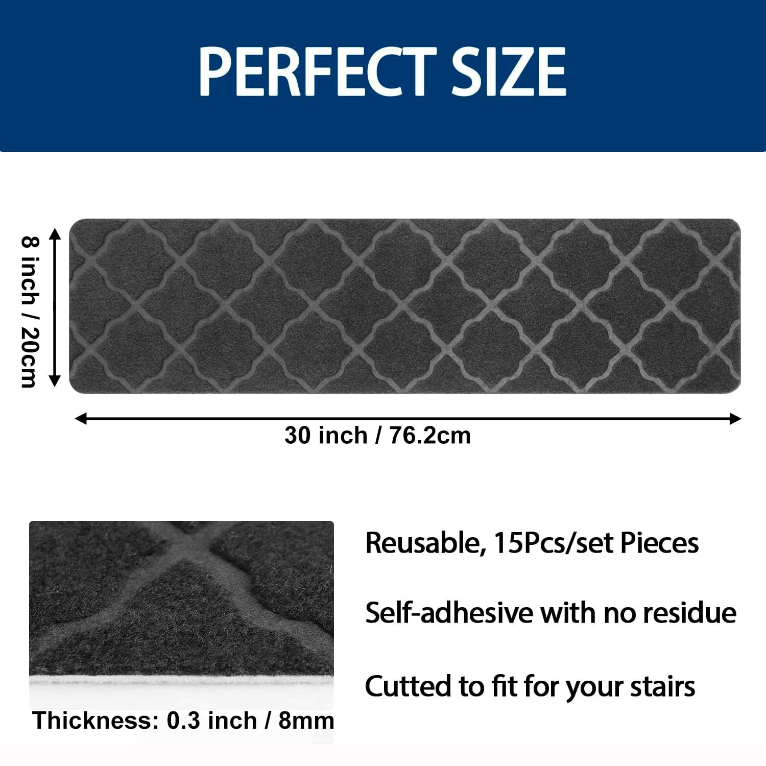 Kaskawise Stair Treads for Wooden Steps, Non Slip Stair Pads Peel and Stick with Adhesive Set of 15, Self Adhesive Indoor Stair Rug Cover Mat, 8"x30"