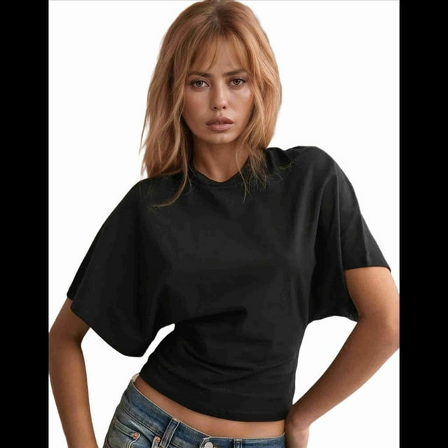 Camisetas para Mujer, Cuello Redondo, Cintura Ajustada, Informal, Corta, para Entrenamiento, Color Liso, Básicas, Negras, Talla 4XL
