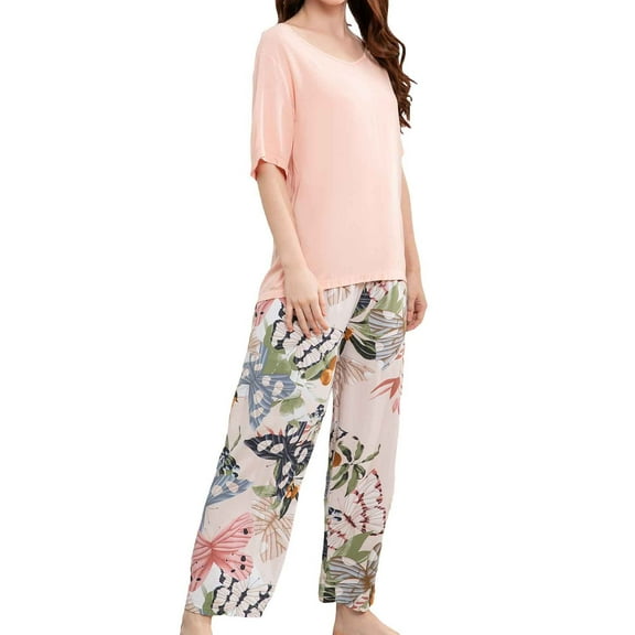 FUNDUFI Pajama Set For Women Short Sleeve Tops Long Pants Oversized 2Pcs Pjs Set Comfy Sleepewar Outfit Cozy Nightwear