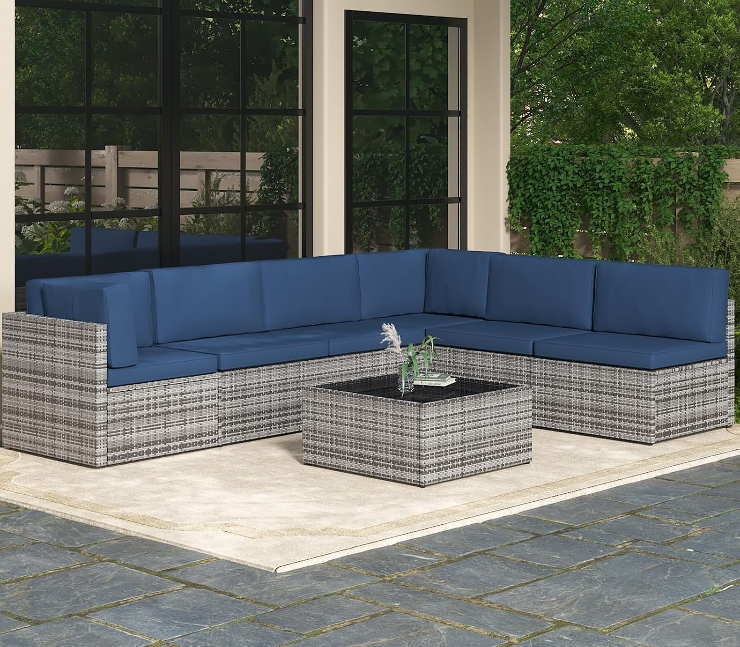 Danrelax 7-Piece Outdoor Sectional Sofa Patio Conversation Set, PE Rattan Wicker Furniture, Steel Frame in Dark Blue
