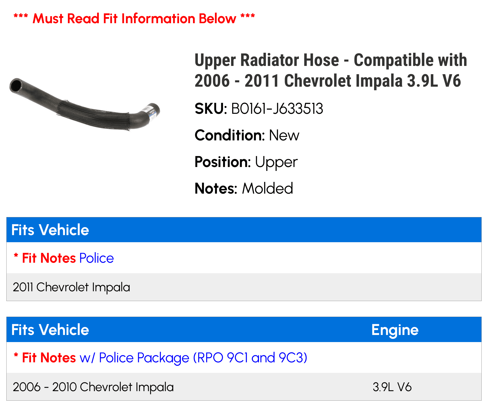 Upper Radiator Hose - Compatible with 2006 - 2011 Chevy Impala 3.9L V6 2007 2008 2009 2010