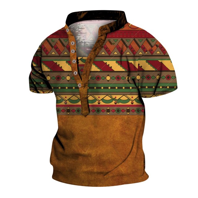 Polo à Col Rond Imprimé Floral en Polyester Marron pour Hommes, T-Shirt Rétro Personnalité 6 Boutons Col Impression Numérique 3D Manches Courtes