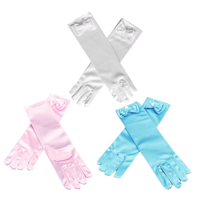 1 juego de 3 pares de guantes de princesa de satén para niñas Guantes de fiesta con lazo de boda para fiesta de niños (Blanco + Rosa + Azul claro)