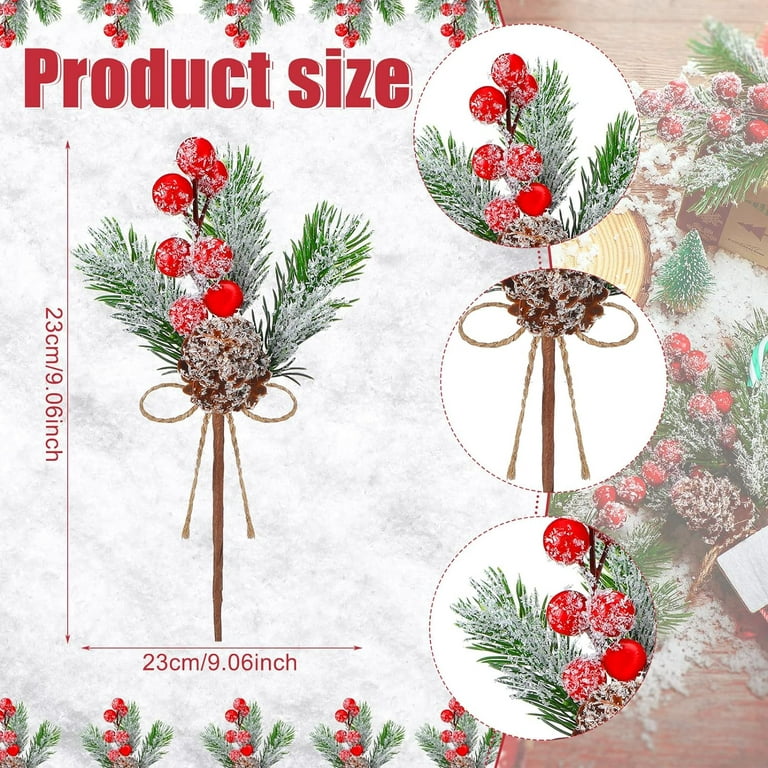 12Pcs Christmas Floral Pine Cones, White Red Berry Stems, Artificial Pine  Branches with Snowflakes Flocked Floral Picks for Crafts DIY Holiday Xmas