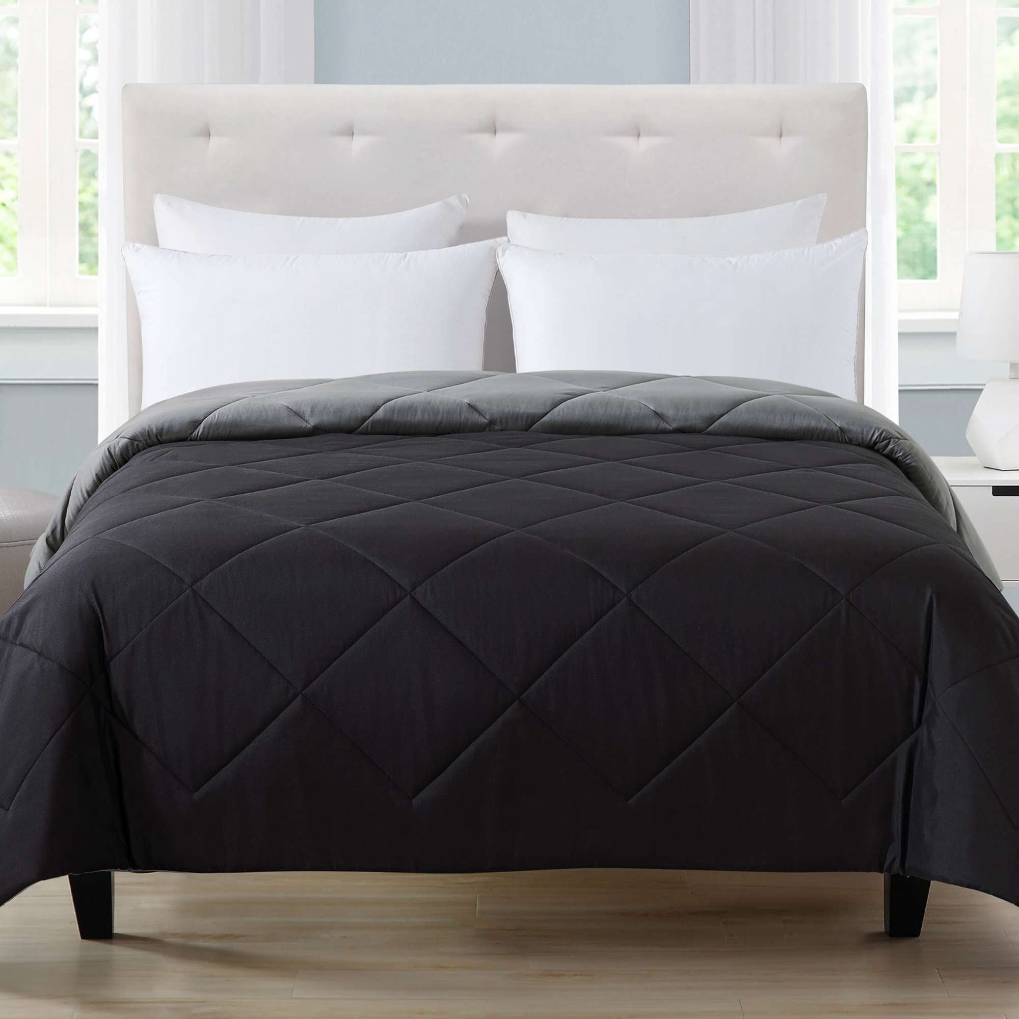 Mainstays Reversible Microfiber Comforter, Black, Full/Queen