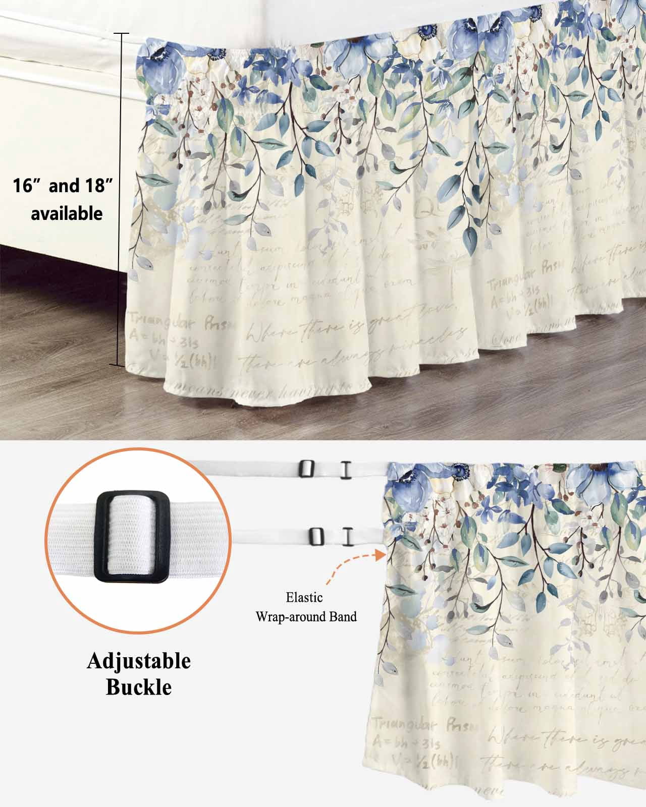 Blue Green Ruffle Bed Skirt Queen Size Flowers Eucalyptus Leaves Vintage Farmhouse Adjustable Elastic Dust Bed Skirts Wrap Around Bedskirt Wrinkle Free Easy Fit with 18 Inch Drop
