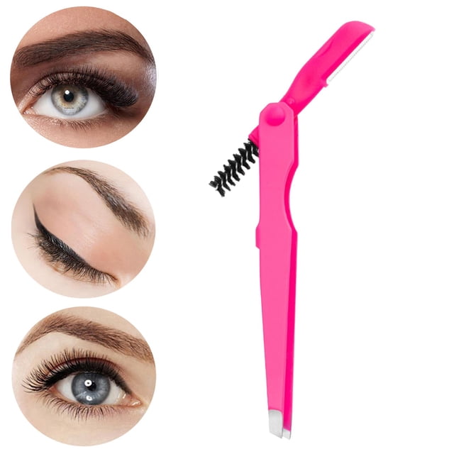 Pinzas para cejas Pinzas para cejas a prueba de herrumbre Pinzas de punta plana Cepillo para cejas Rosa