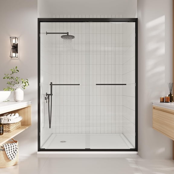 Senfot Frameless Sliding Glass Shower Door 54x72 Inch 6mm Clear Tempered Glass Noiseless Smooth Gliding Shower Door Stainless Steel Hardware Black