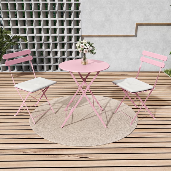 3-Piece Patio Bistro Set Outdoor Furniture Set Folding Bistro Table and Chairs with Premium Steel Frame Weather Resistant Conversation Set for Bistro Balcony Porch Yard Garden(pink with cushion)