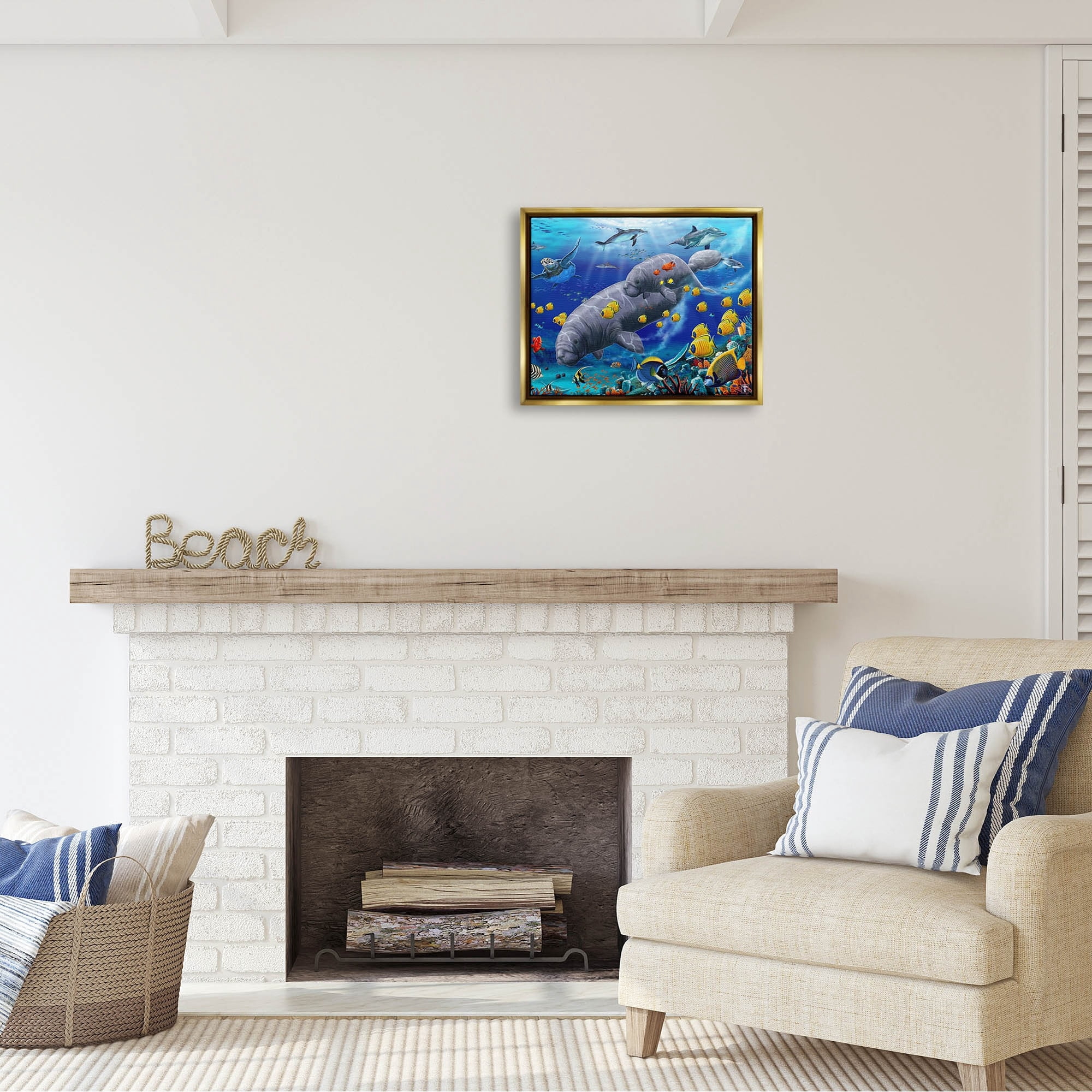 Stupell Industries Manatees & Fish Swimming Coastal Painting Gold Floater Framed Art Print Wall Art