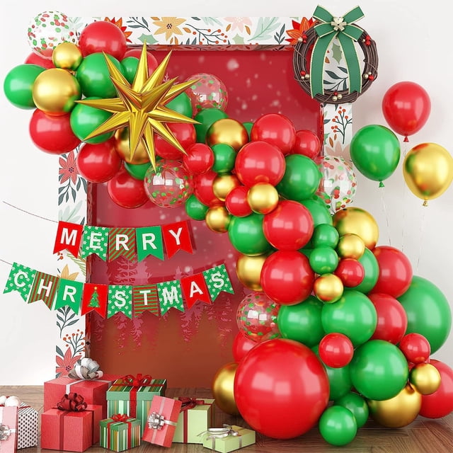 Kit de arco de globos navideños (89 piezas) | Guirnalda de globos de confeti rojo, verde y dorado | Globos de estrella con temática navideña | Lámina de aluminio resistente | Decoración para fiestas