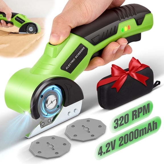 RELOIVE Cordless Electric Scissors,4.2V Rechargeable Rotary Cardboard Cutter, 2000mAh Battery, with LED Light, 2 Blades, Box Cutter for Fabric Carpet Carton Plastic Leather Cloth