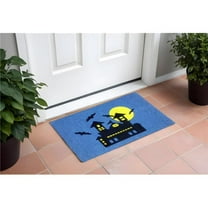 HomeRoots 555540 18 x 30 in. Blue & Black Coir Spooky House Outdoor Halloween Door Mat