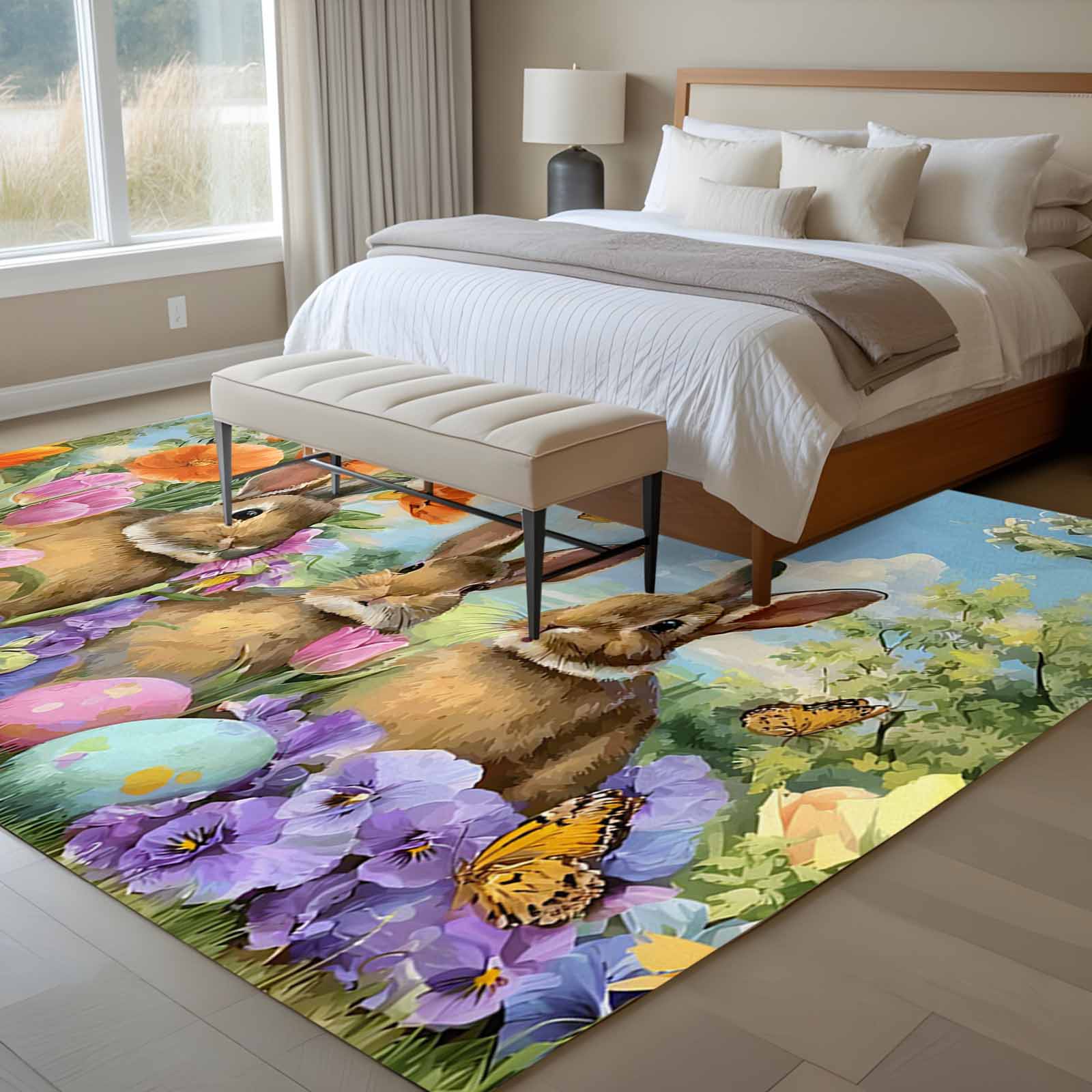 Large Area Rugs for Living Room Bedroom, Easter Bunnies 6'x9' Rug Washable Carpet Runner Indoor Outdoor, Spring Easter Eggs Garden Floral Non Slip Floor Mats Rug for Kitchen, Playroom