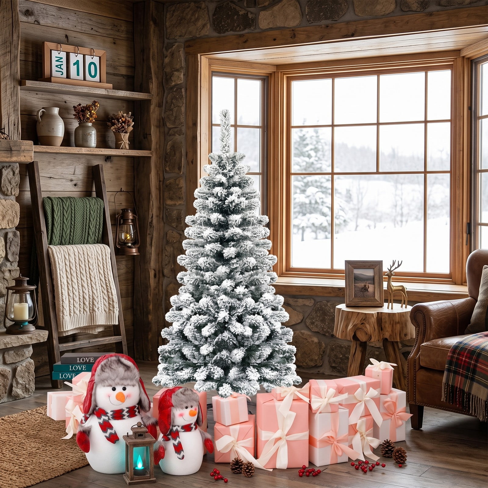 RUIE 4.5 FT Unlit Snow Flocked Artificial Pencil Christmas Tree, Hinged Slim Xmas Tree with 242 Branch Tips and Metal Stand for Indoor Holiday Decor, White & Green