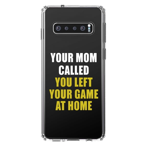 DistinctInk Clear Shockproof Hybrid Case for Samsung Galaxy S10 (6.1" Screen) - TPU Bumper Acrylic Back Tempered Glass Screen Protector - Your Mom Called You Left Your Game at Home