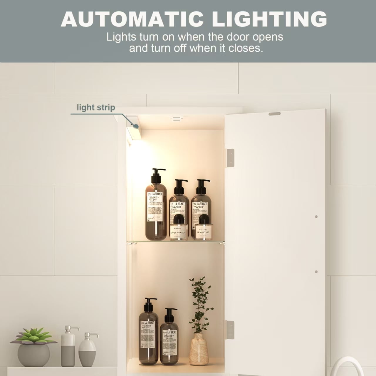 Selooye Tall Bathroom Storage Cabinet with Lights, Adjustable Shelves, White
