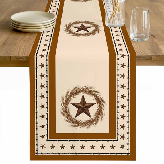 Brown Western Table Runner - 72 Inch Long Vintage Texas Stars Country Wheats Cotton and Linen Blended Dress Scarves Farmhouse Table Runner for Kitchen Dining, Coffee Table, 13" x 72"