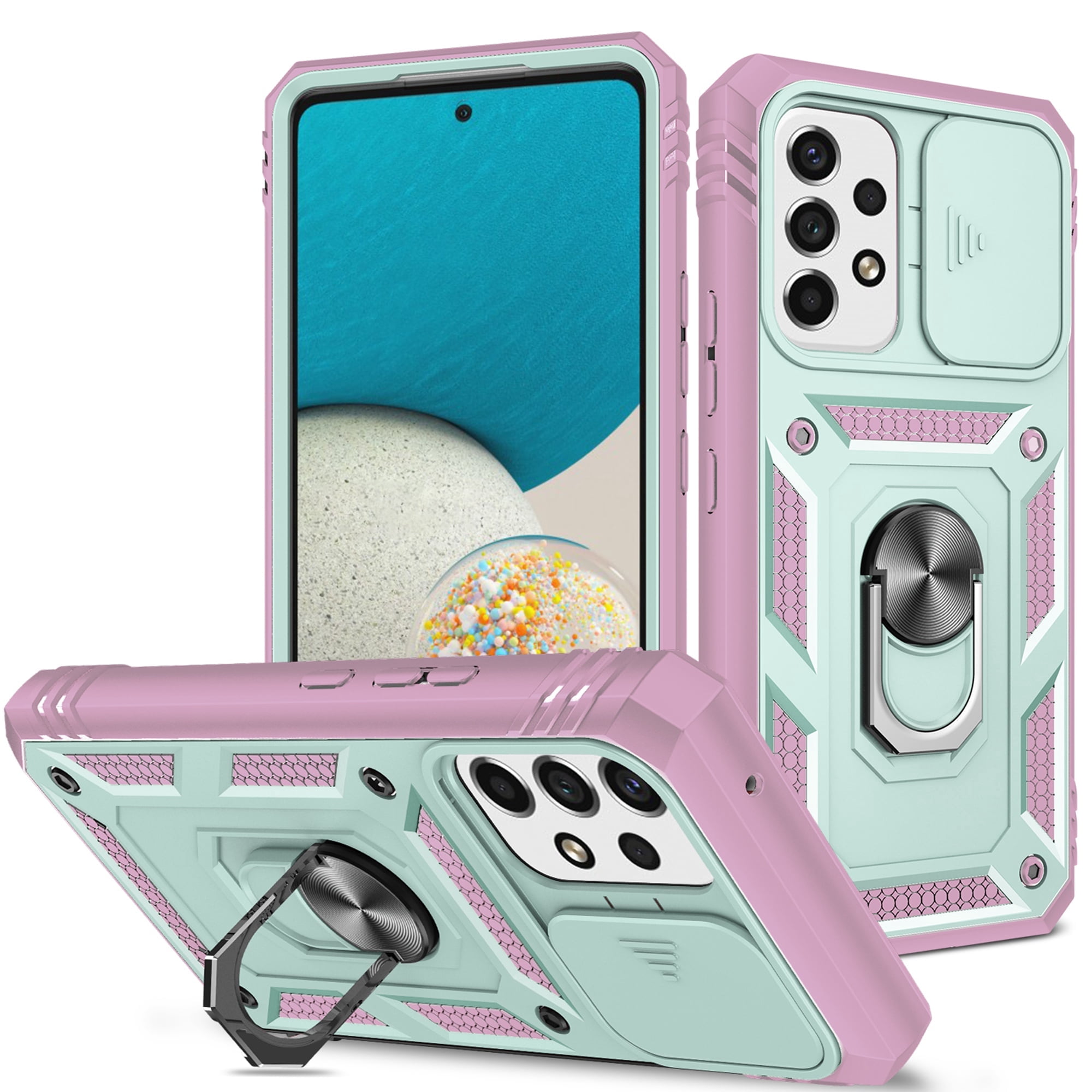 Military Grade Drop Impact for Samsung Galaxy A53 5G Camera Lens Slide Protection Case 360 Metal Rotating Ring Kickstand Holder Armor Shockproof Case For Samsung Galaxy A53 5G, Green+Pink
