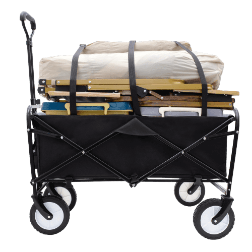 DreamBuck Foldable Garden Wagon with Strapping System, Collapsible Multi-Use Utility Cart with 360° All-Terrain Wheels, Heavy Duty Wagon for Beach, Camping, Gardening, and Shopping, Black