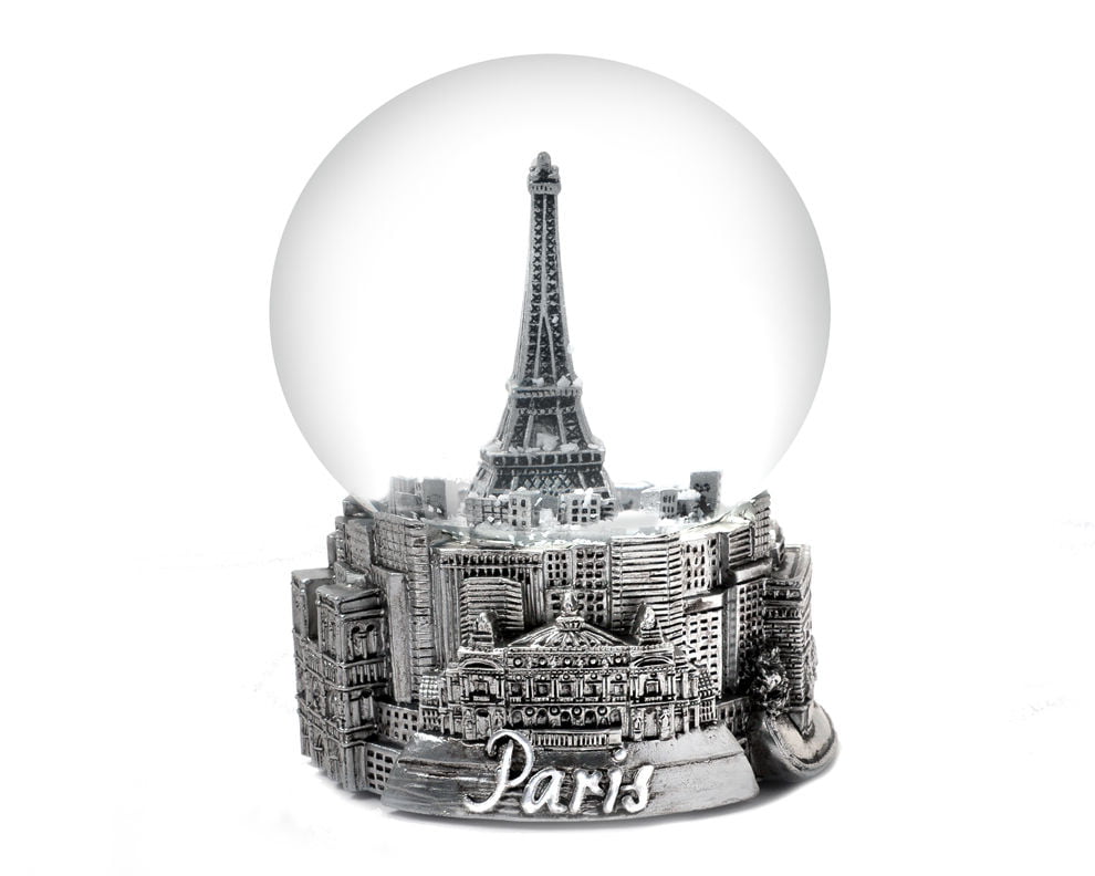 Paris France Eiffel Tower Snow Globe 80mm With Gold Tone Eiffel and Gold Tone ICons
