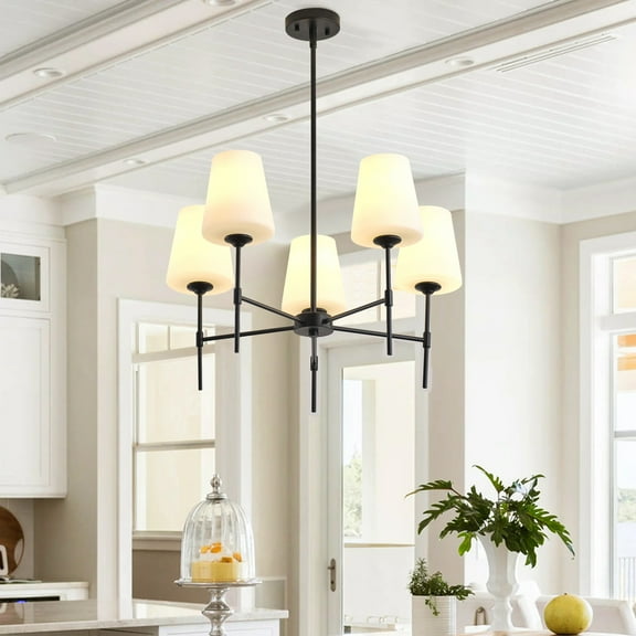 Aiwen Modern Sputnik Chandelier 5-Light Milky White Pendant Farmhouse Hanging Ceiling Lamp For Bedroom Foyer Entryway Living Room