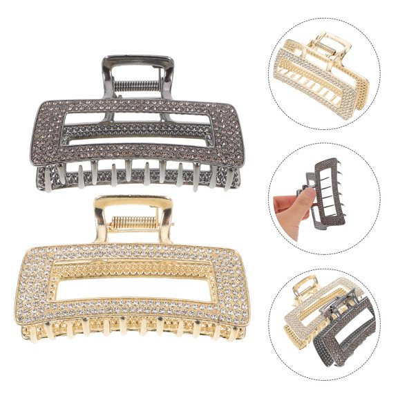 TABLZONE 2Pcs Metal Hair Claw Clips with Rhinestones Elegant Decorative Non Slip Square Clamps