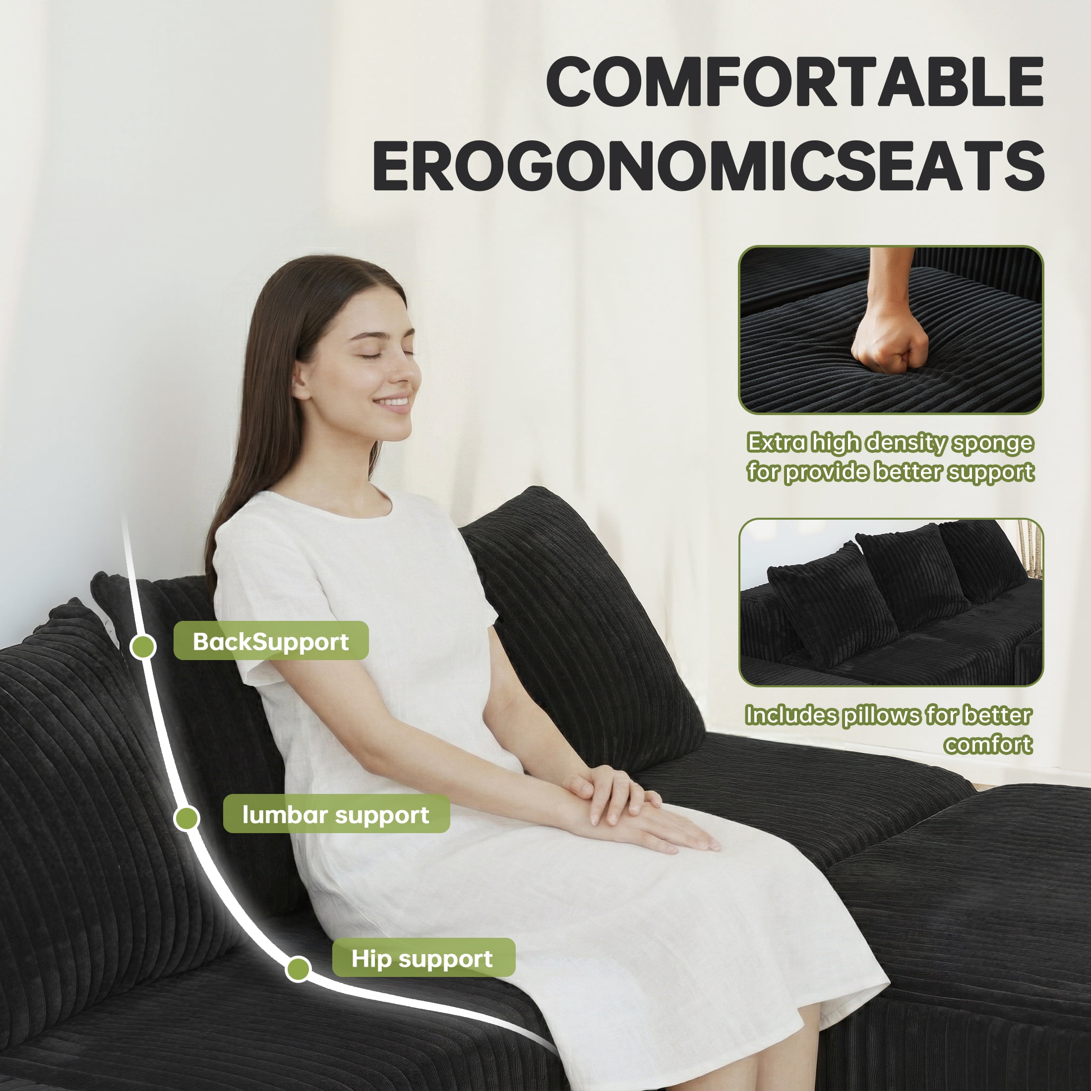 SEENYOO 130" Boneless Sectional Sofa, Cloud Couches for Living Room, U-Shaped 4-Seat Modular Sofa with Chaise, Oversized, No Assembly, Black