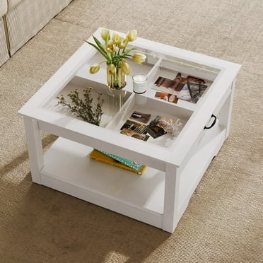LINSY HOME 31.5" Square Coffee Table with Glass Tabletop, Modern Glass Coffee Table with 4 Storage Drawers for Living Room, White