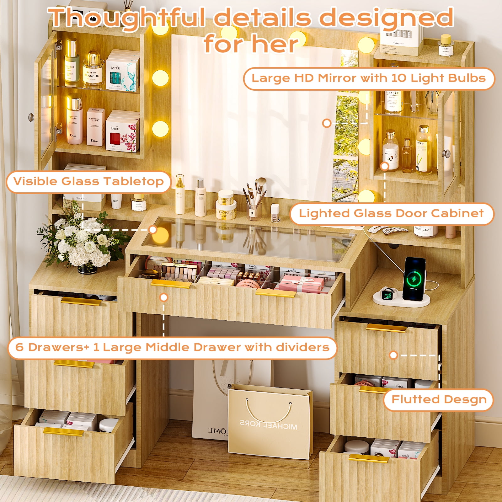 Ktaxon Large Makeup Vanity with 7 Drawers, Flutted Vanity Table Set with Lighted Mirror, Get Ready with Me, Wood Color