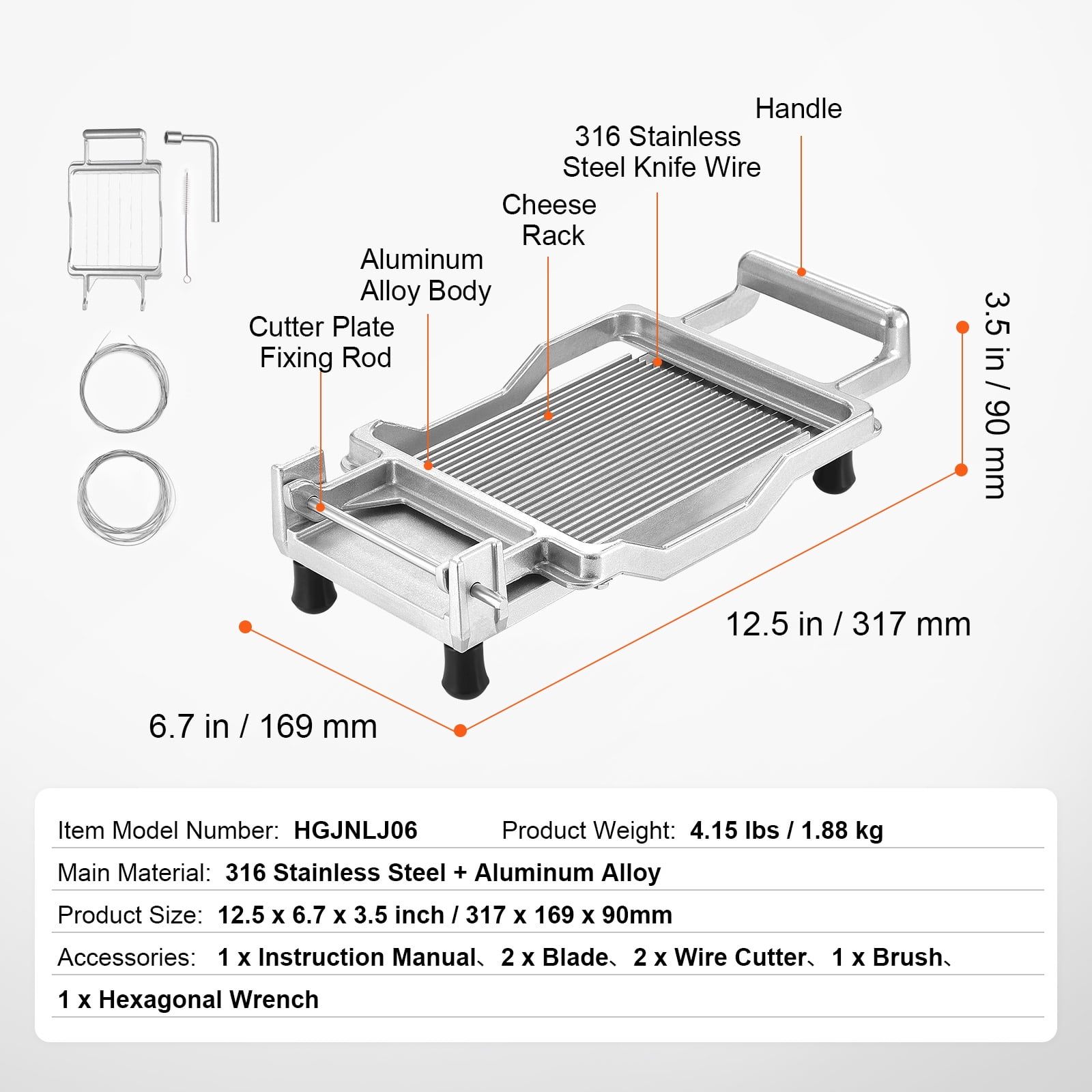 KFFKFF Cheese Slicer with Adjustable Wires, Includes Thin 0.39'' & Thick 0.78'' Cutting Options, Easy-to-Detach Aluminum Alloy Frame, Equipped with Durable 316 Stainless Steel Wires for Kitchen Use