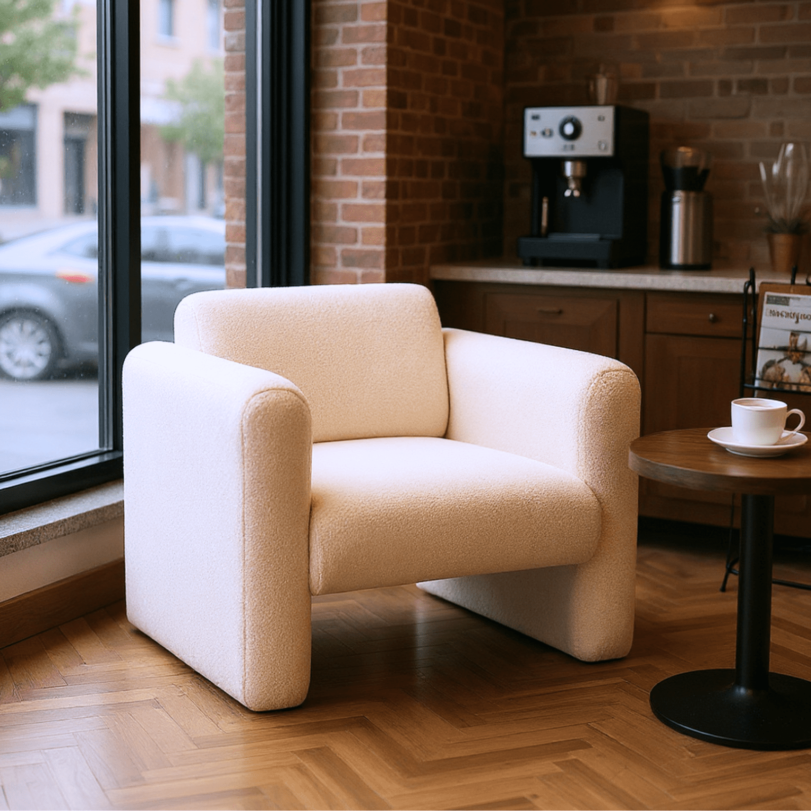 Homy Casa Modern Accent Chair with Wide Arms, Upholstered Reading Armchair, Cream White Bouclé
