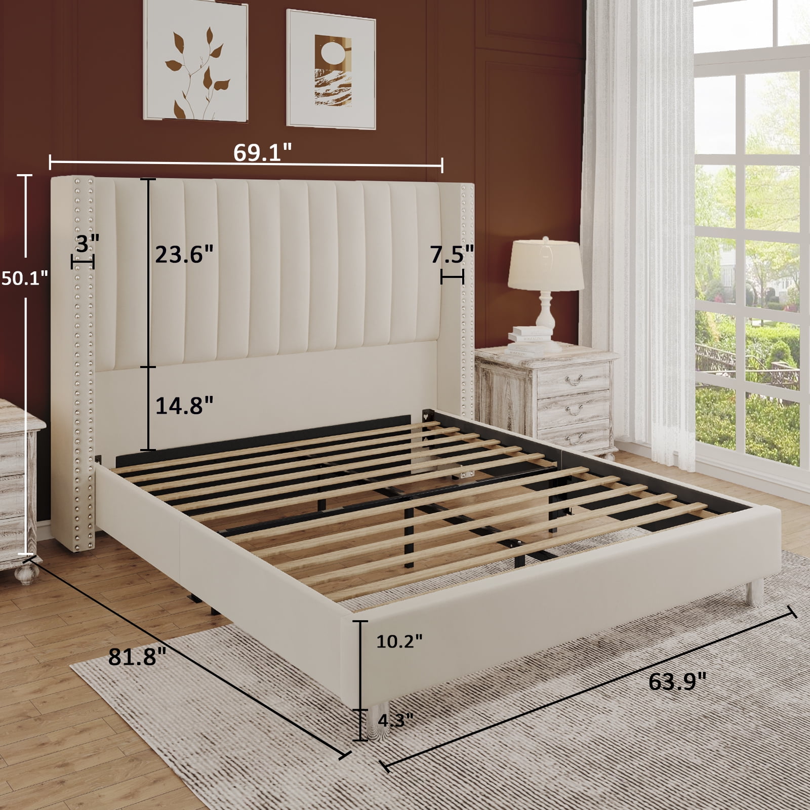 Merluxy Bed Frame Queen Size Upholstered Bed Wingback Headborad Velvet Channel Tufted/No Box Spring Needed/Cream