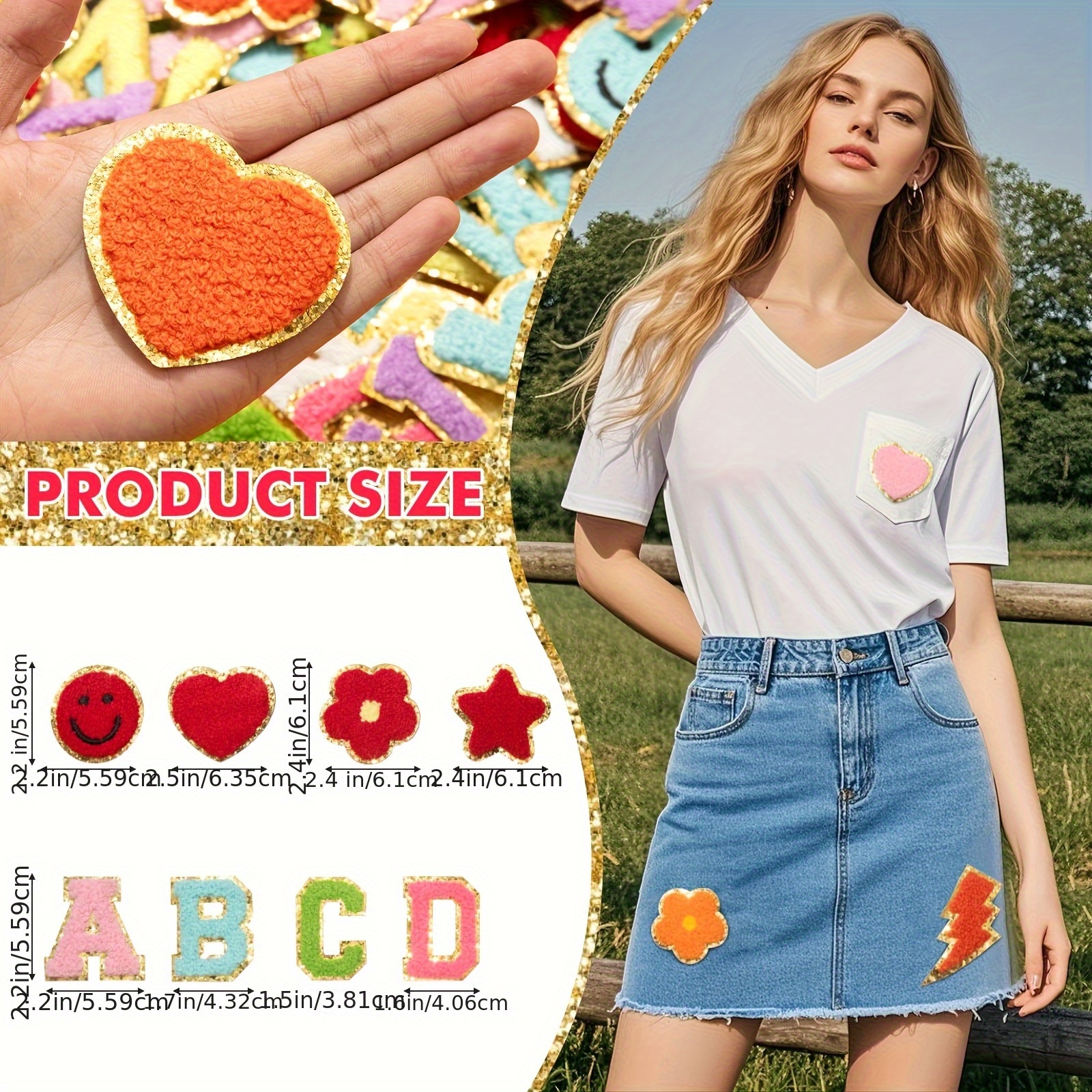 123 Chenille patch ironing stickers with Golden embroidery include 78 letter patches, 45 stars, hearts, flowers, smiling faces, rainbows, crosses, lightning, cute claws, bow
