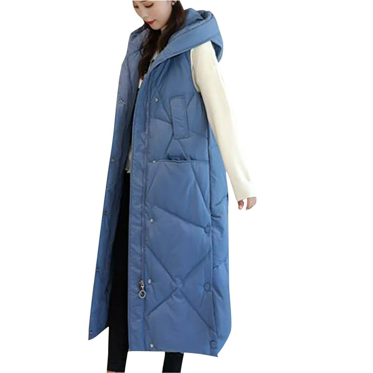 Womens Quilted Puffer Vest Maxi Length Sleeveless Hooded Packable Winter  Warm Thickened Down Jacket