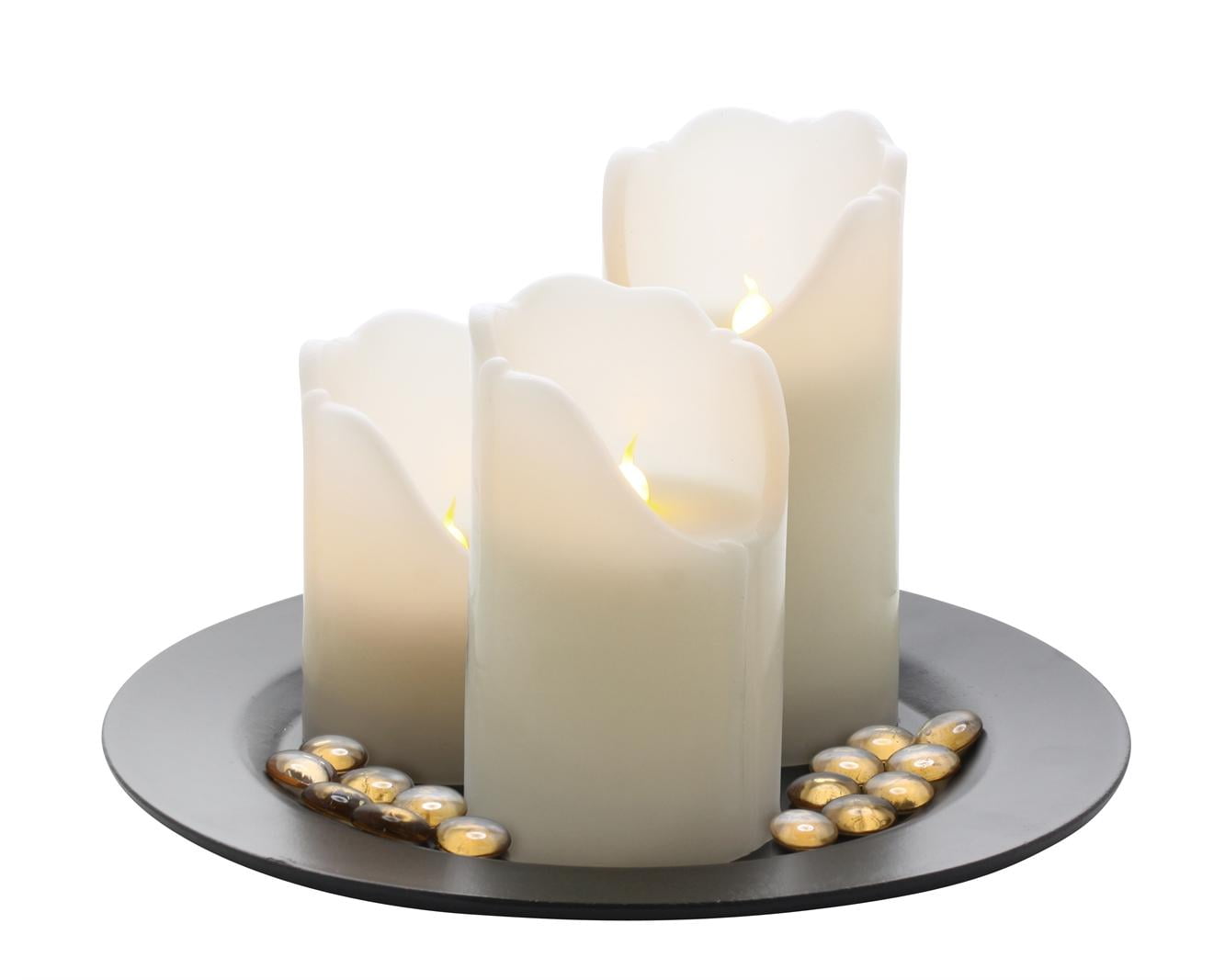 LED 3 PILLAR CANDLE SETW/ REMOTE, DECORATIVE TRAY AND PEBBLES