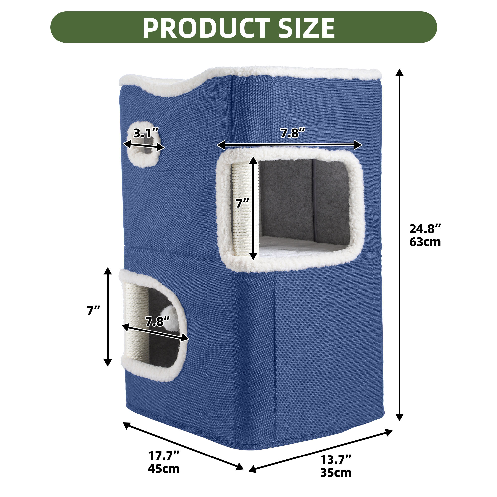 Uforic 2-Tier Indoor Cat Condo with Scratch Pad, Tunnels & Hideaway Cube, Navy Blue