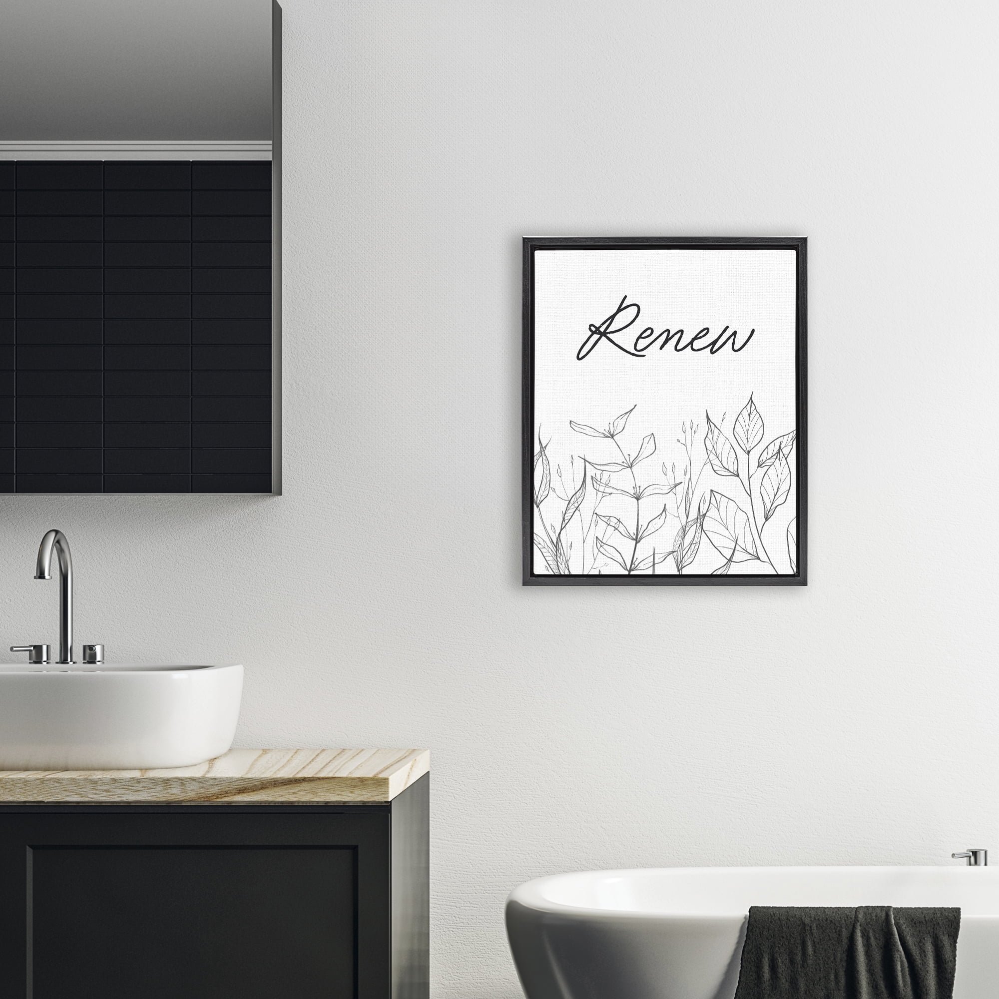 Renew with Leaf Outlines Black Framed Floater Canvas Wall Art, design by Lettered and Lined
