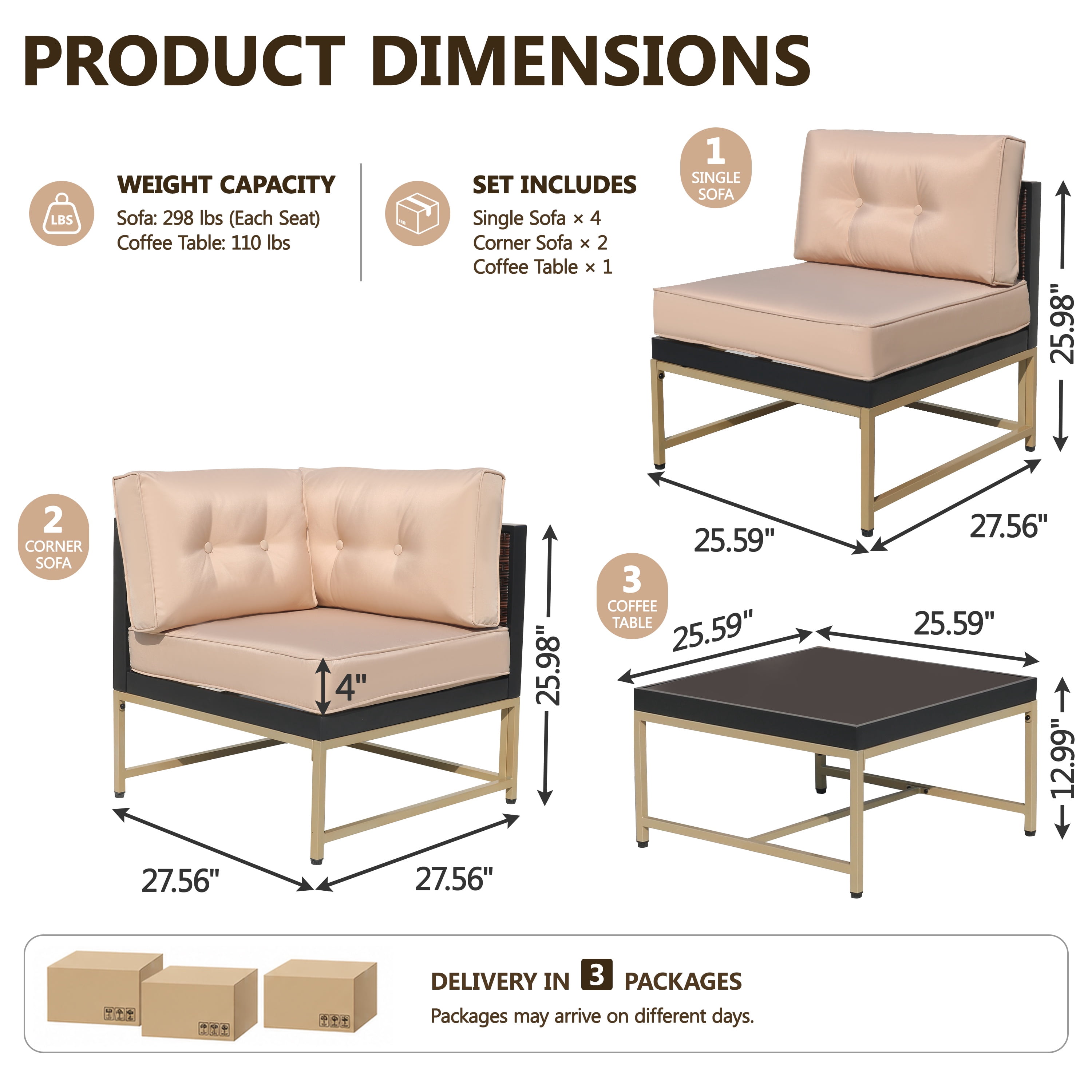 Patio Outdoor Furniture Sets, 7 Pieces All-Weather Rattan Sectional Sofa with Tea Table and Cushions, PE Rattan Wicker Sofa Couch Conversation Set for Garden Backyard Poolside
