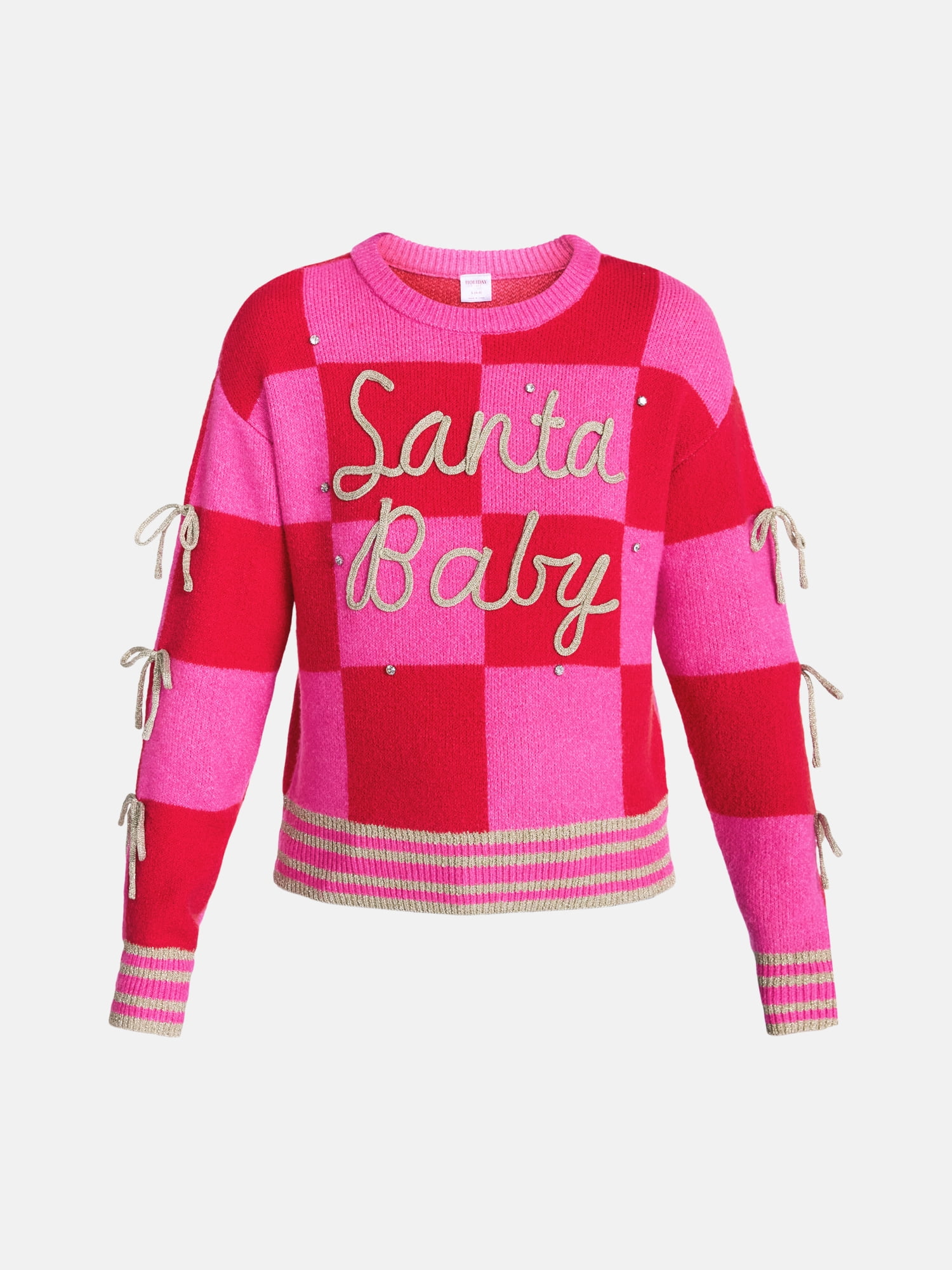 Women’s Santa Baby Checkered Applique Sweater by Holiday Time, Midweight, Sizes XXS-XXL