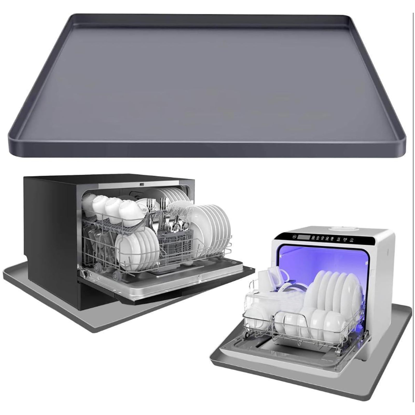 Multi-Function Dishwasher Silicone Mat with Raised Edges, Drying Drain Pan, Countertop Floor Protector