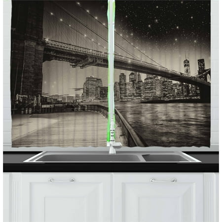 New York Curtains 2 Panels Set, Summer Night in Manhattan Brooklyn Bridge Park River Waterfront Modern City, Window Drapes for Living Room Bedroom, 55W X 39L Inches, Dark Sepia Black, by (Best Windows For Waterfront Homes)
