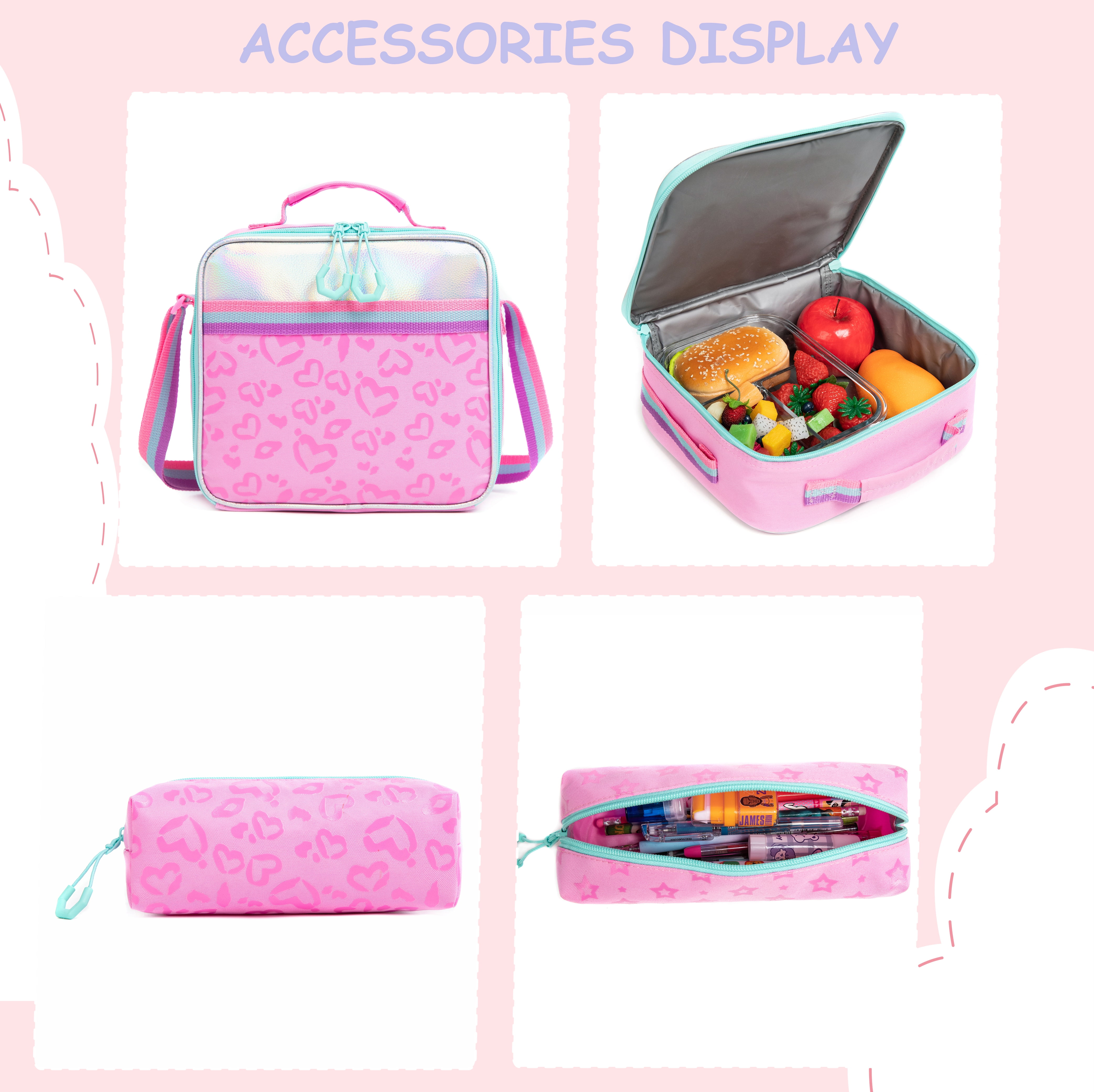 Pink Kids Rolling Backpack for Girls with Wheels Roller School Backpacks with Lunch Box Pen Bag 3 In 1 for Elementary Students