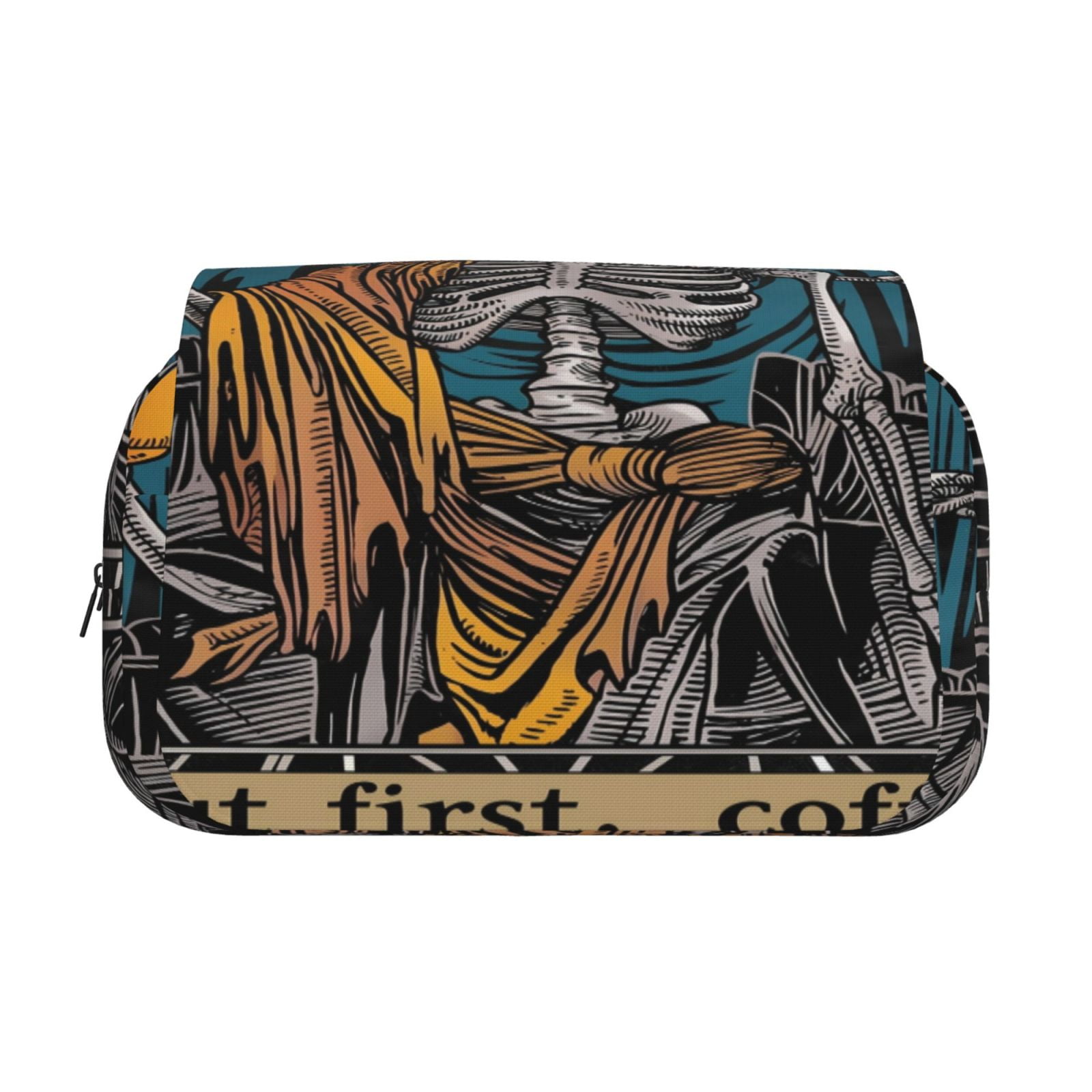Rateoe Coffee-Drinking Skull Pattern Double Clamshell Pen Case, Storage Organizer with Two Zipper Compartments– Holds Up to 50 Pencils & Pens