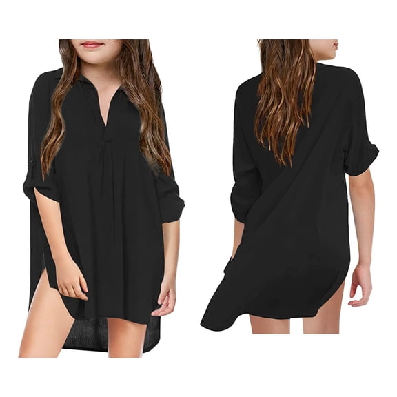 Girls Swim Coverups V Neck Long Sleeve Chiffon Shirt Quick Dry Summer Dress Girls Swimsuit Cover Up 6-7 Years